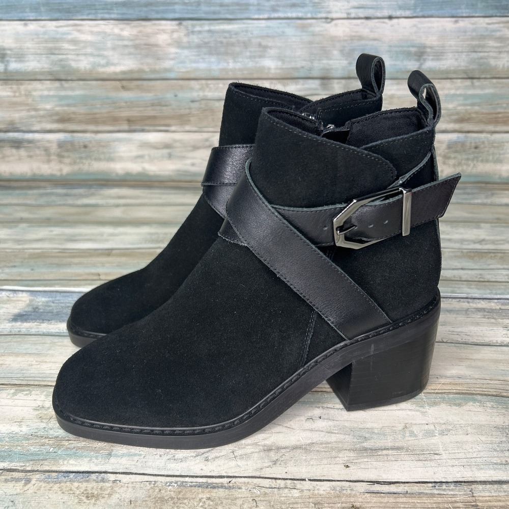 Sanctuary Cora Buckle Booties Suede Black Ankle Boots‎ 6M Chunky Black Heel
